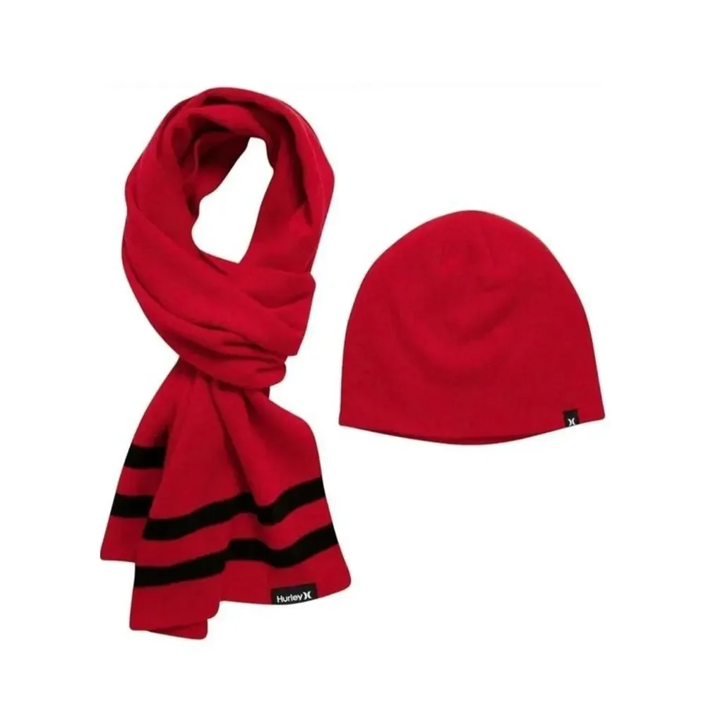 Hurley New York Winter Beanie Hat & Scarf 2 piece‎ Set Red Black Stripe One Size